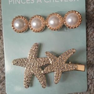 Gold Starfish and Pearl Hair Clips